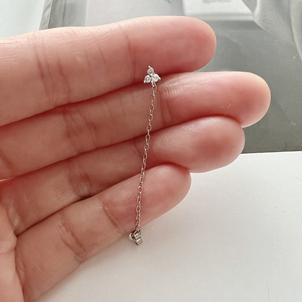 Gold and Silver CZ Flower Chain Earrings, Dainty Clover Chain Earrings, Bar Ear Threader String