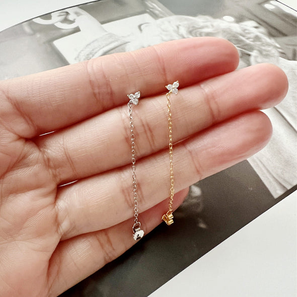 Gold and Silver CZ Flower Chain Earrings, Dainty Clover Chain Earrings, Bar Ear Threader String