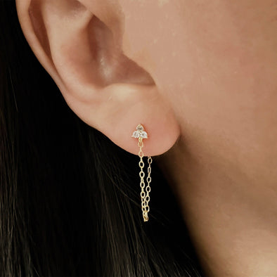 Gold and Silver CZ Flower Chain Earrings, Dainty Clover Chain Earrings, Bar Ear Threader String