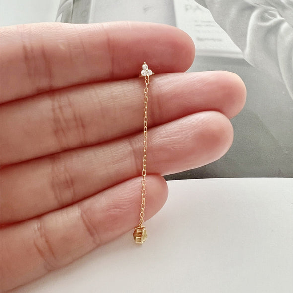 Gold and Silver CZ Flower Chain Earrings, Dainty Clover Chain Earrings, Bar Ear Threader String