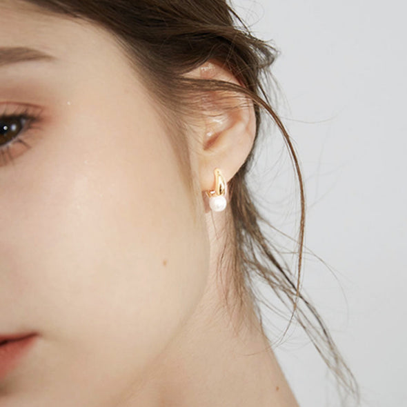 Rose Gold and Silver White Pearl Dangle Huggie Hoop Earrings