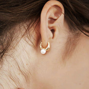 Rose Gold and Silver White Pearl Dangle Huggie Hoop Earrings