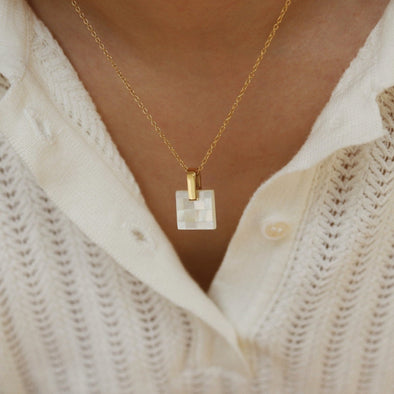Dainty White Squared Mosaic Mother of Pearl Pendant Necklace 