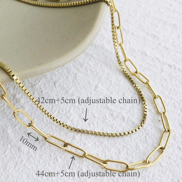 Gold OR Silver Double Strands Bold and Thin Box Chain Choker Necklaces, Gold or Silver Chain choker Layering Necklace Set