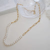 Dainty Half White Oval Pearl Half Gold Plated Bold Box Chain Necklace 
