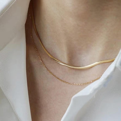 Gold Double Strands Snake Chain and Thin Choker Necklaces, Gold Chain choker Layering Necklace Set