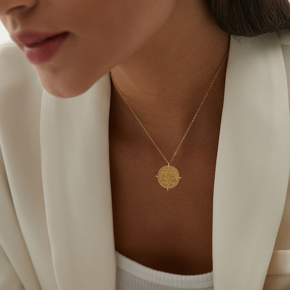 Dainty Gold Plated Vintage Maya Coin necklace, Bohemian Gold Medallion Necklace, Medallion Pendant Layering necklace