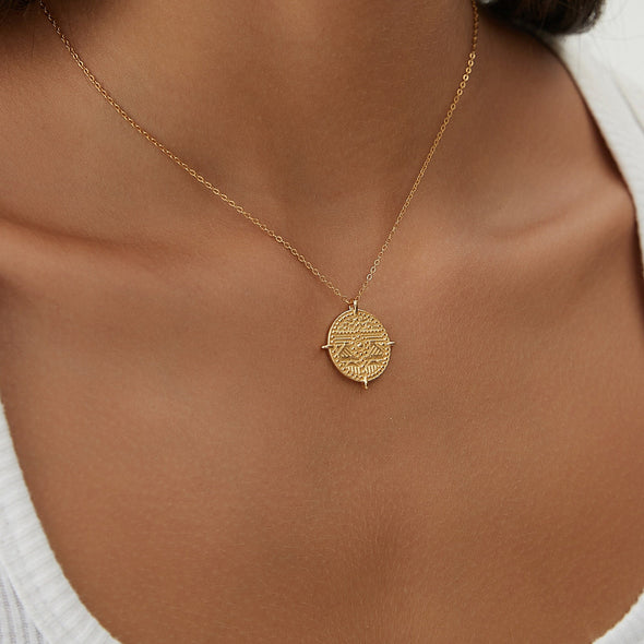Dainty Gold Plated Vintage Maya Coin necklace, Bohemian Gold Medallion Necklace, Medallion Pendant Layering necklace