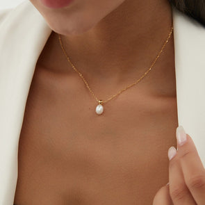 Dainty White Oval Freshwater Pearl and Gold Ball Choker Necklace