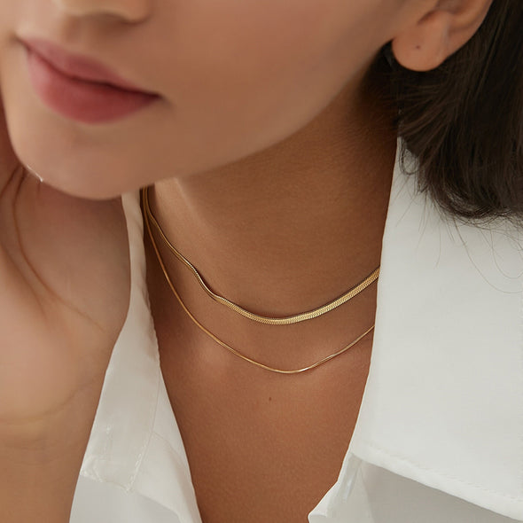 Dainty Gold Double Strands Thick and Thin Snake Choker, Gold Thin Herringbone Chaine Necklace