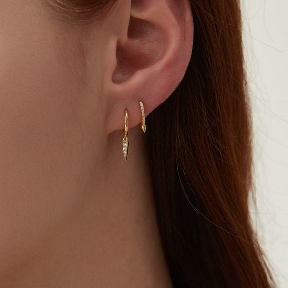 Gold CZ Spike Hoop Earrings, Minimal Tiny Huggie hoops with triangle, Gold hoops Small Spike Charm Hoop Earrings, Sister Birthday GIft