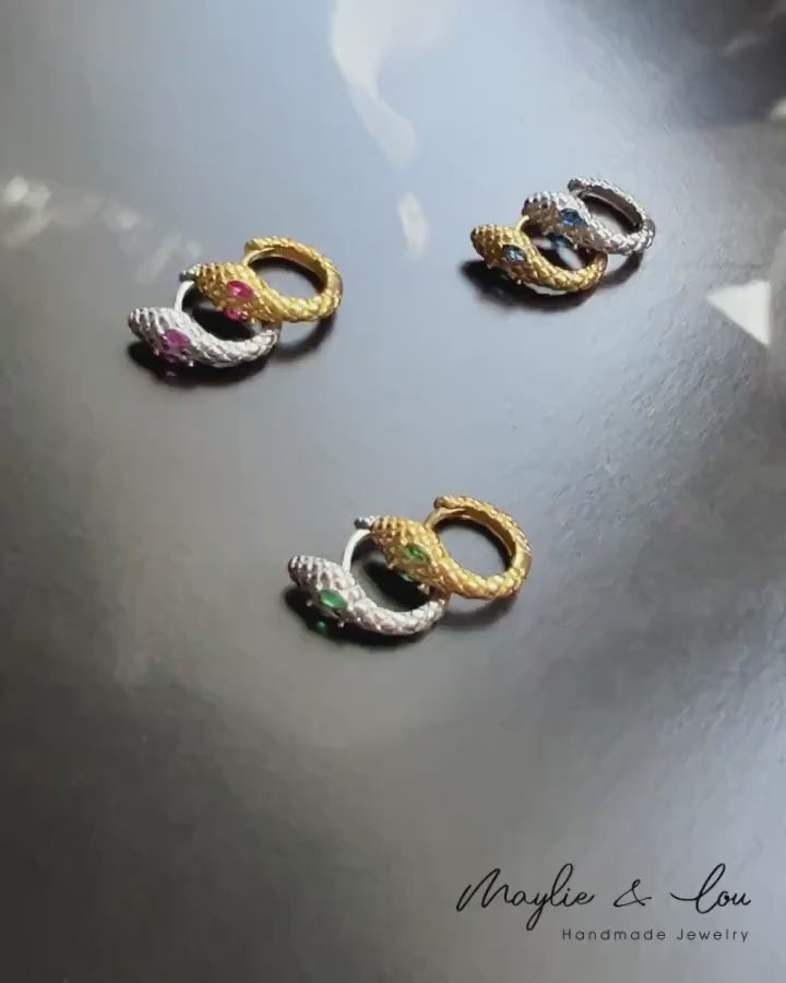 Dainty CZ Emerlad, Sapphire or Rose Ruby Snake Charm Huggie Hoop Earrings
