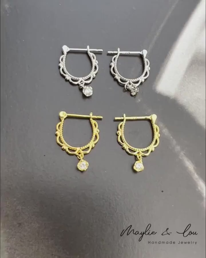Dainty CZ Lace Gold and Silver Huggie earrings, Delicate Small CZ huggie Hoops, Gifts for her