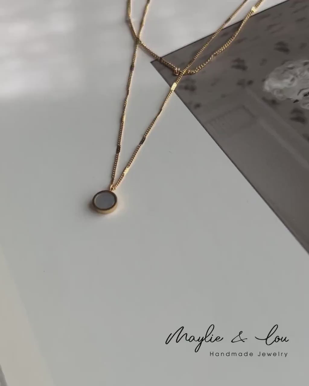 Gold Double Strands Thin Choker With White Mother of Pearl Pendent Necklaces, Gold Chain choker Layering Necklace Set
